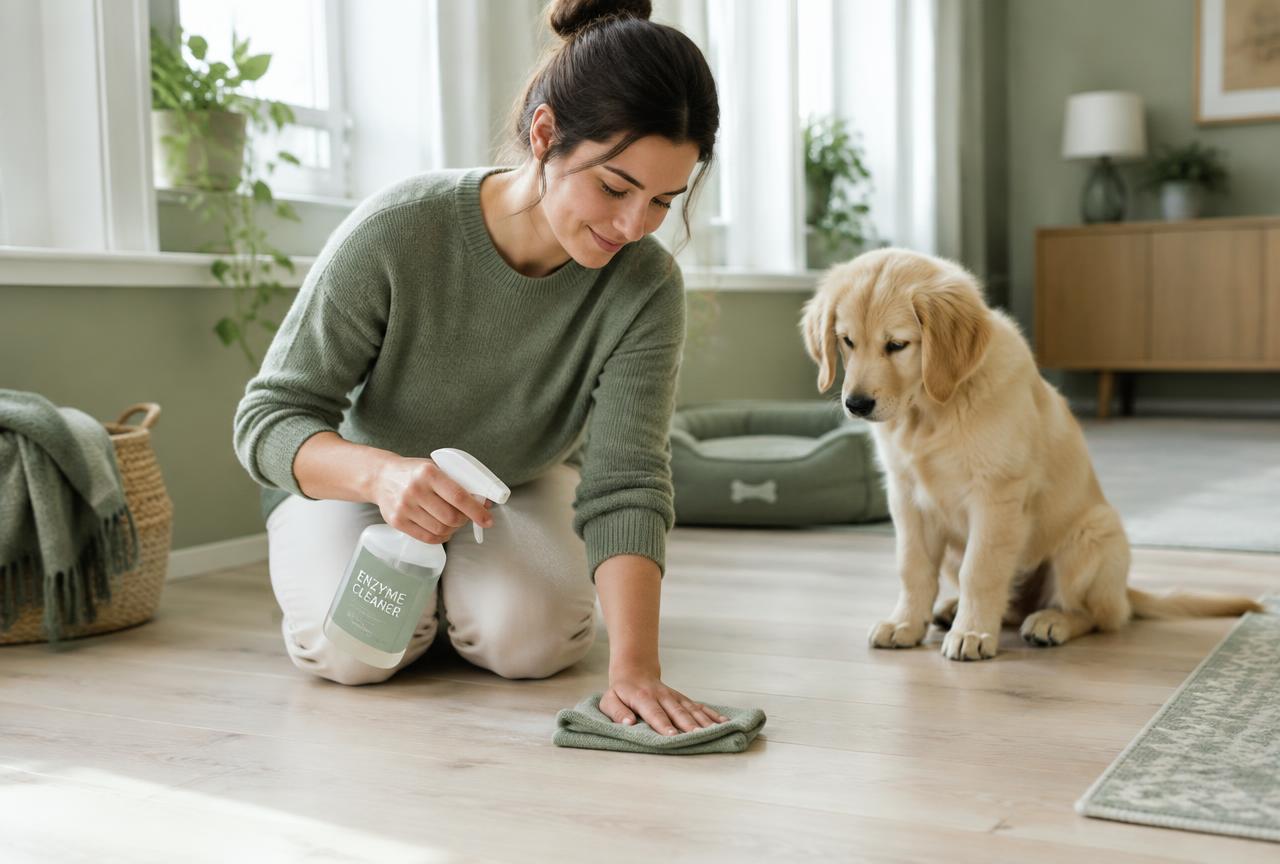 A woman calmly wiping a pale wooden floor with an enzyme cleaner spray while a golden puppy sits watching nearby