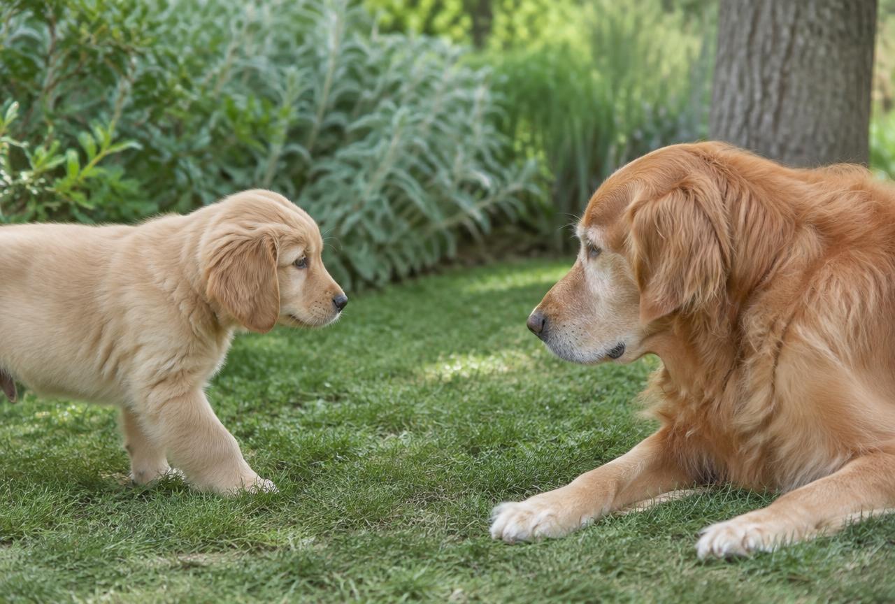 A golden puppy cautiously approaching a calm adult golden retriever lying on a lawn