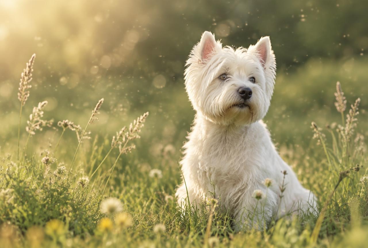 A West Highland White Terrier sitting in a sunlit spring meadow with pollen drifting in the air