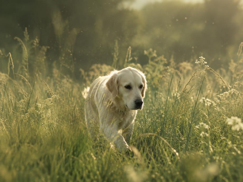 Dog walking through a summer meadow