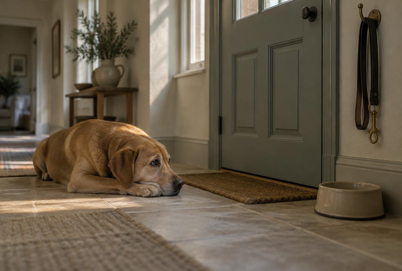 A dog lying in a sunlit hallway beside a closed front door, chin on paws, looking toward the door