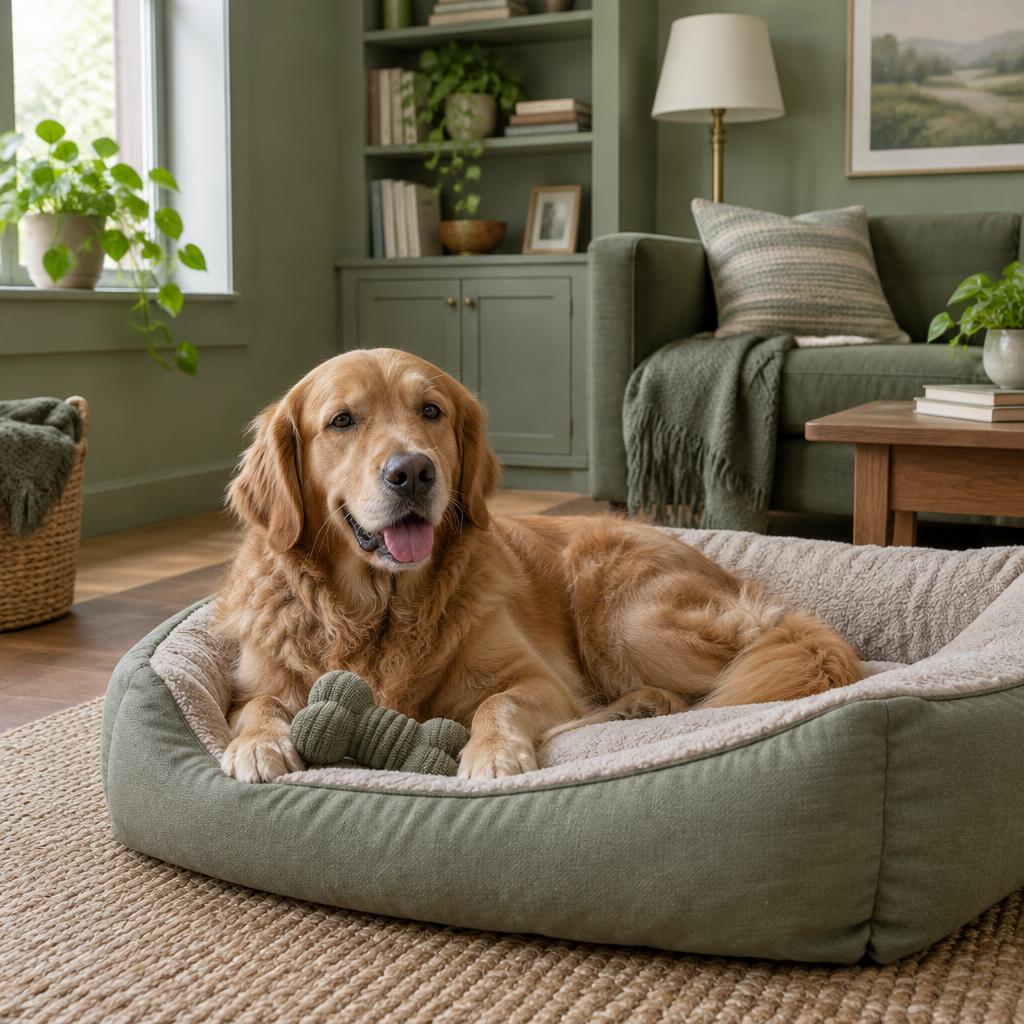 A dog resting contentedly alone on its bed