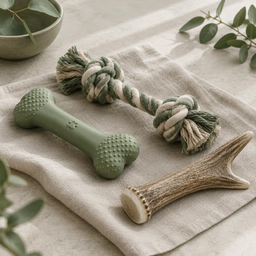 A rubber bone, a rope toy and a natural antler arranged on a cloth