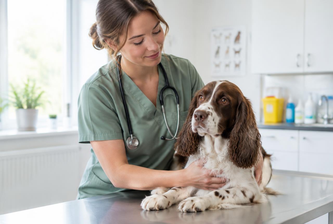 A veterinary nurse in sage scrubs gently holding a calm springer spaniel on a stainless steel examination table