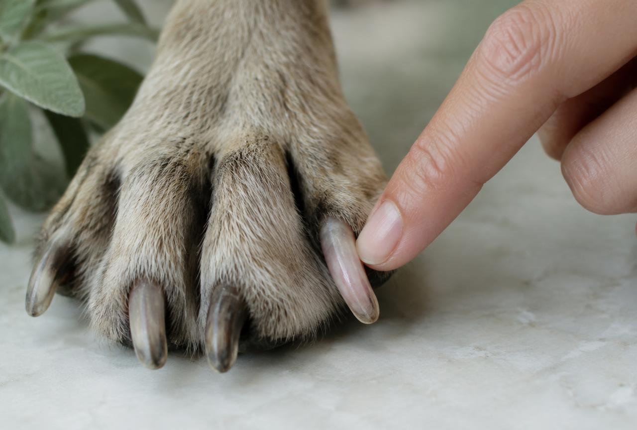 A dog''s paw held gently with clippers near the nail tip