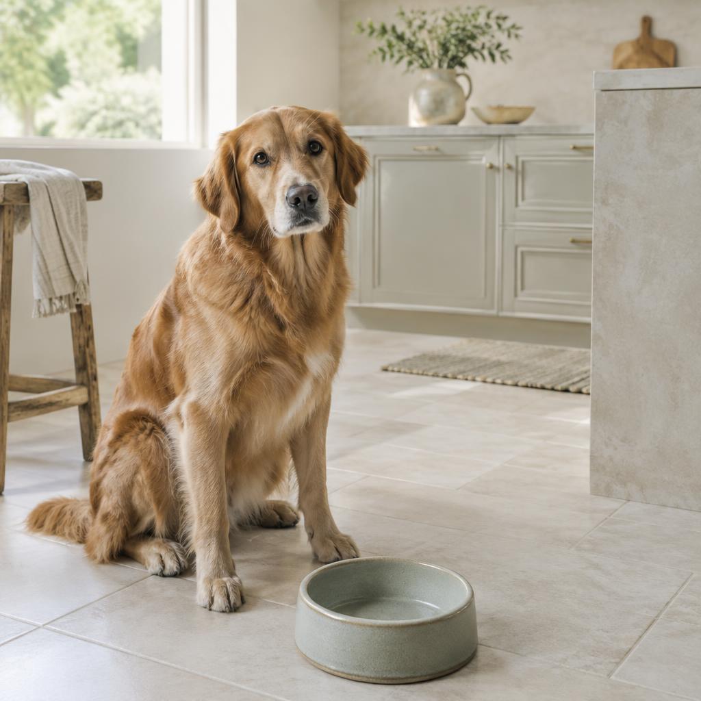 A golden retriever sitting by an empty bowl, staring expectantly
