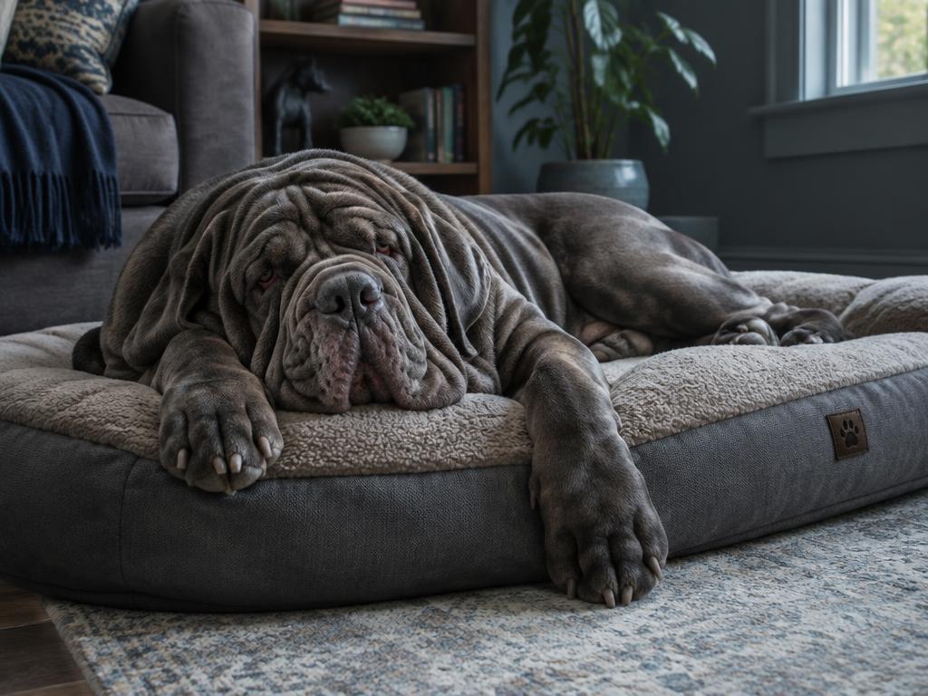 A Neapolitan Mastiff lying sprawled on a large dog bed in a shaded living room.