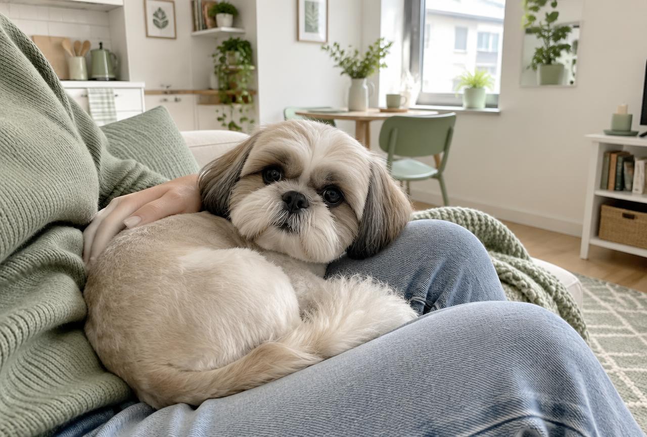A Shih Tzu curled up on a lap at home