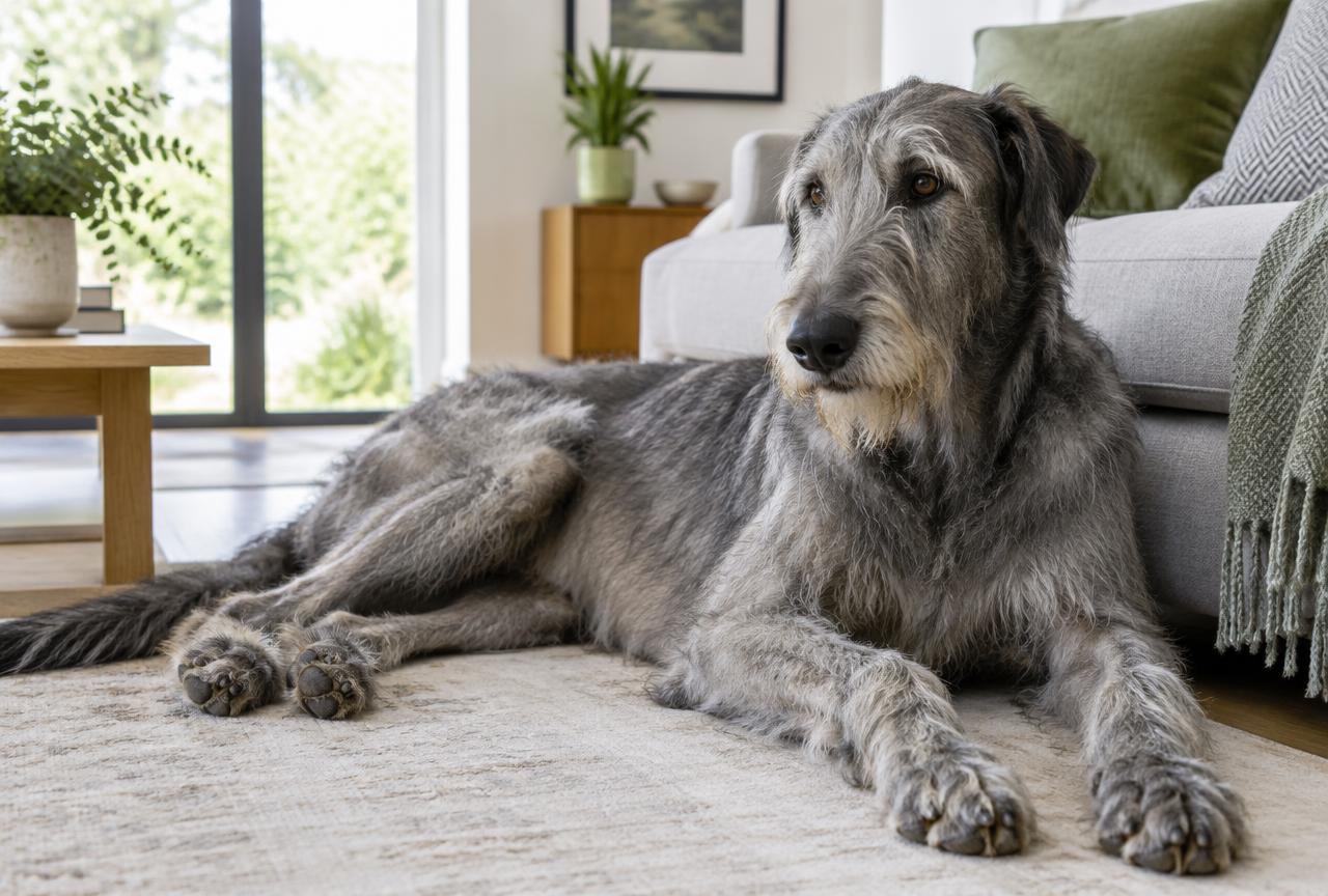 A large grey Irish Wolfhound lounging on a sofa in a spacious living room