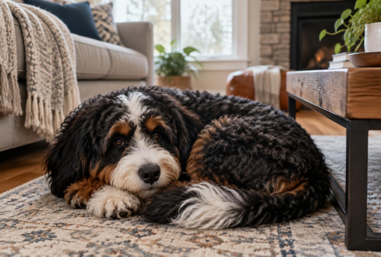 A Bernedoodle curled up at home in a living room
