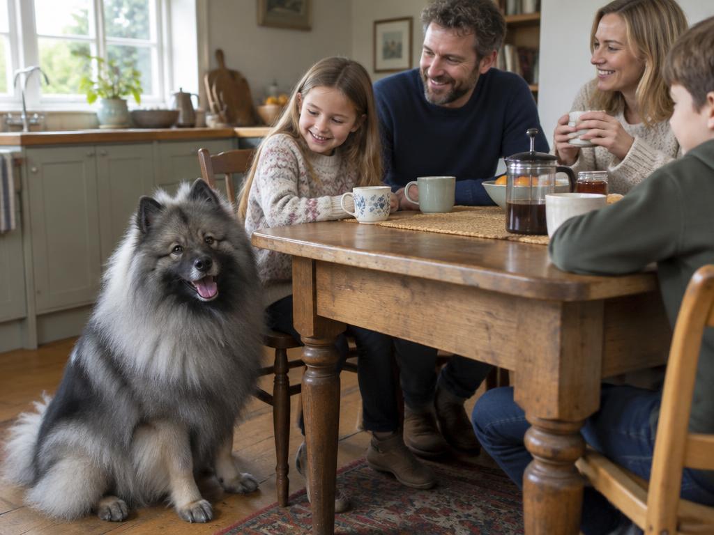 A Keeshond sitting beside a family at a kitchen table