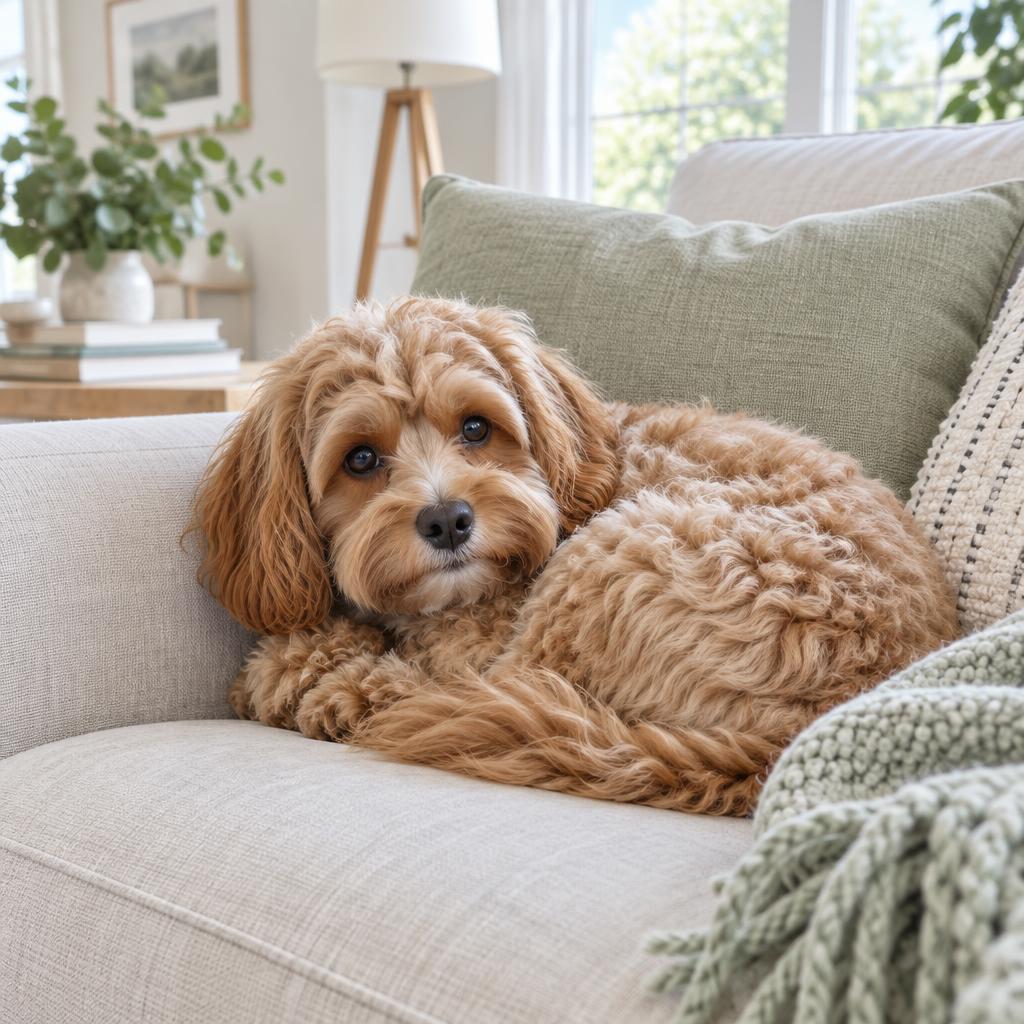 A Cavapoo curled on a sofa cushion at home