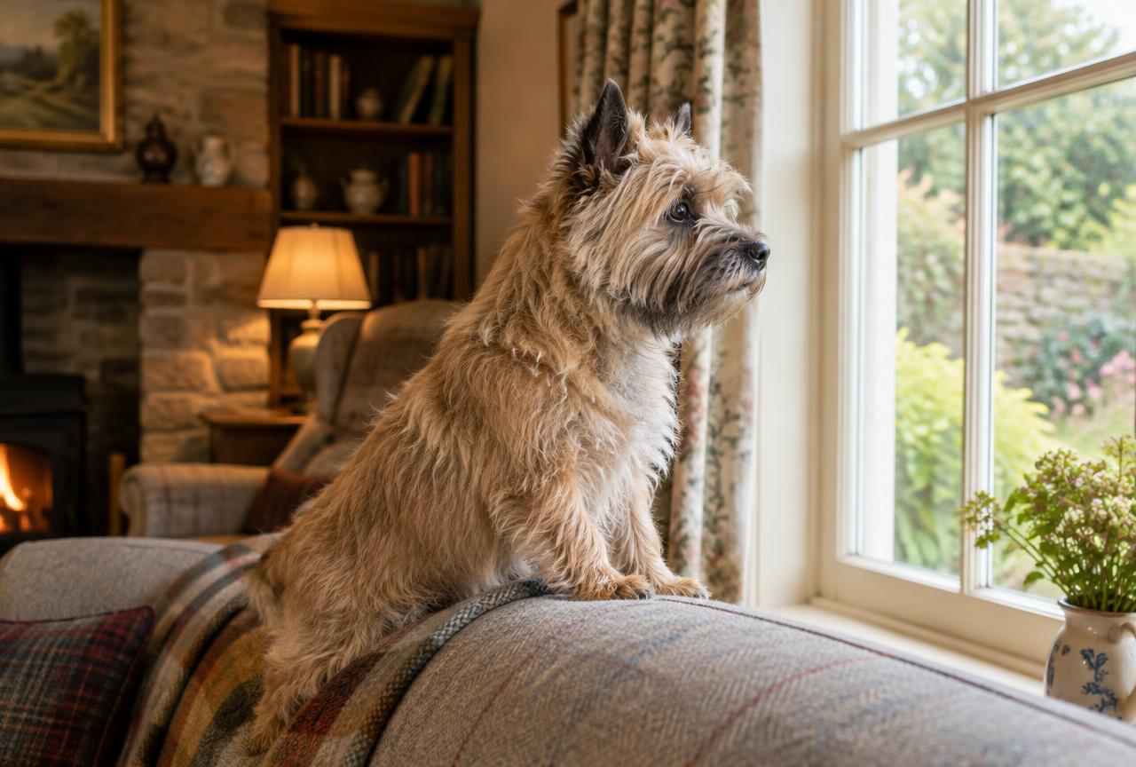 A Cairn Terrier sitting attentively on a rug indoors.