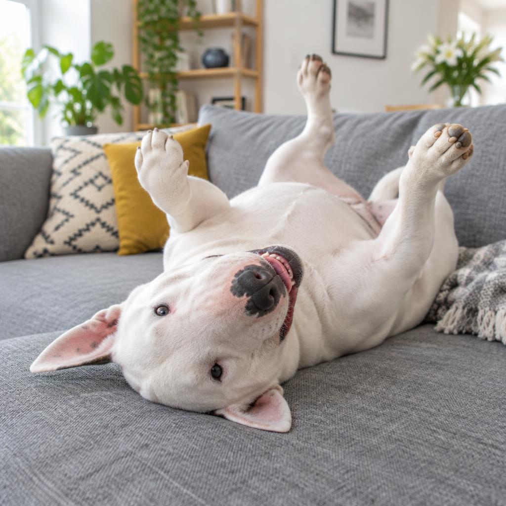A Bull Terrier sprawled on its back on a sofa, looking ridiculous