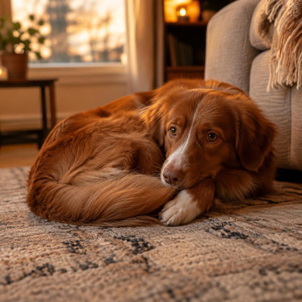 A Nova Scotia Duck Tolling Retriever playing at the water's edge, mimicking fox-like movements.