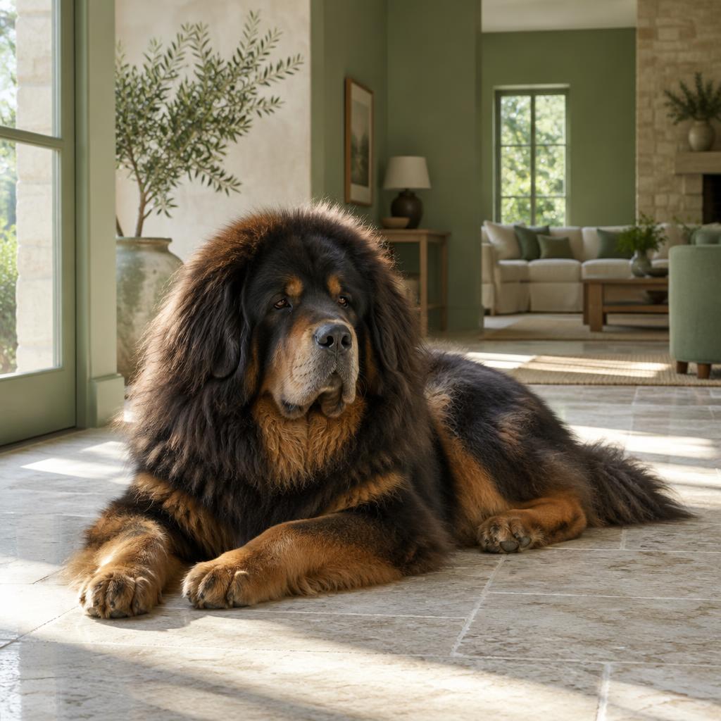 A Tibetan Mastiff lying across a doorway, looking alert