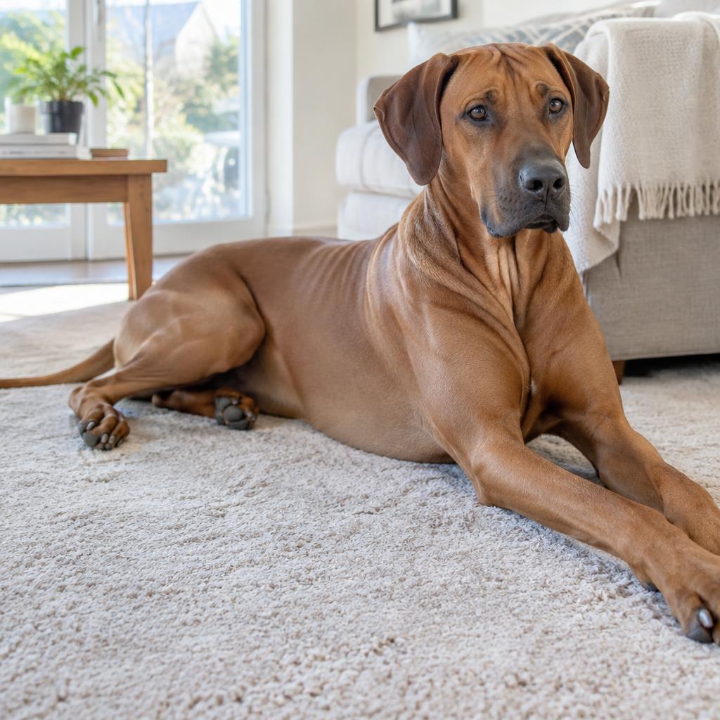 A Rhodesian Ridgeback resting calmly indoors with its family