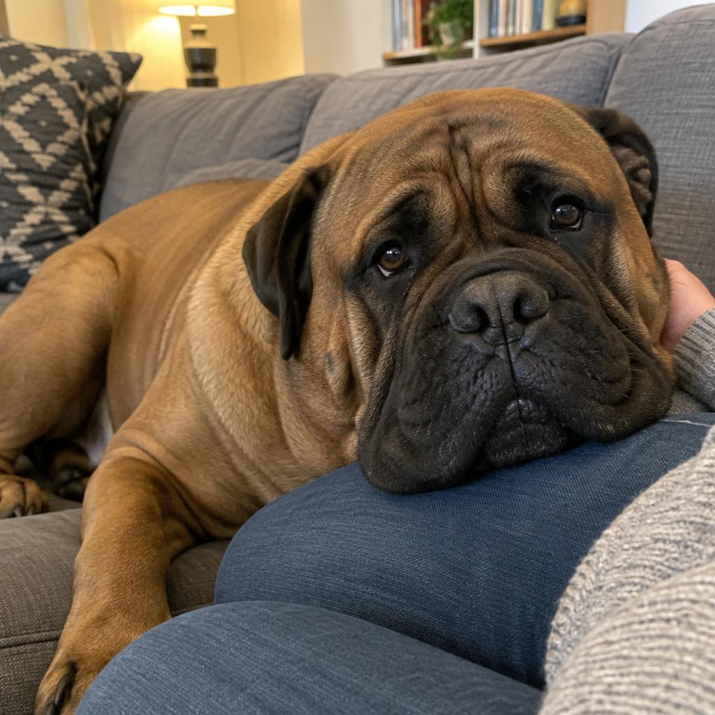 A Bullmastiff resting calmly indoors with its family