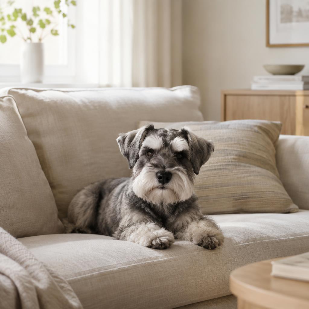 A Miniature Schnauzer watching from a window in a family living room