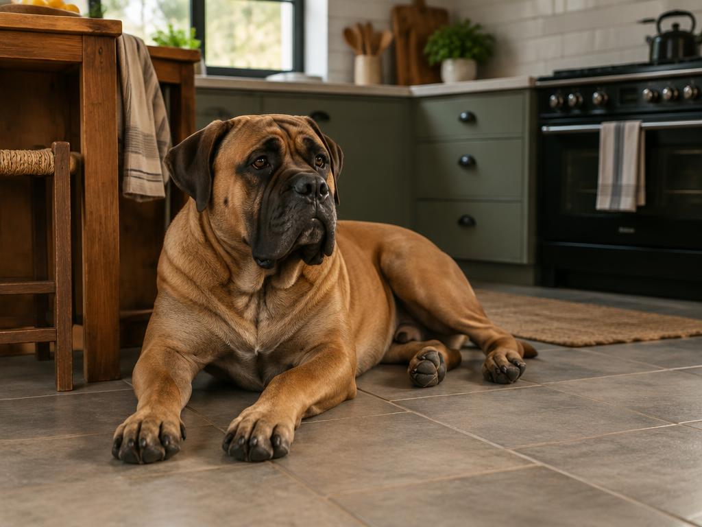 A Boerboel resting on a tiled floor in a farmhouse kitchen.