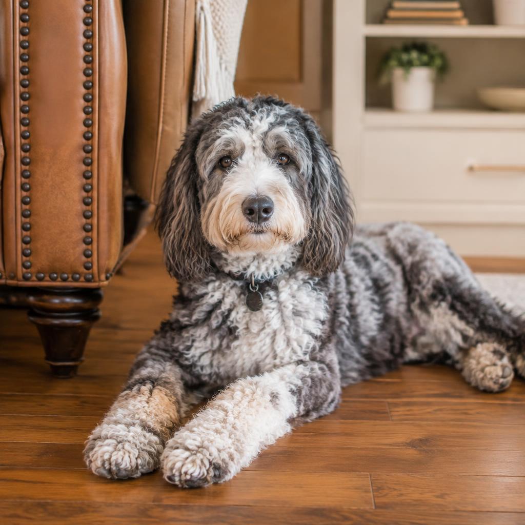 An Aussiedoodle lying alertly on a rug at home watching its owner