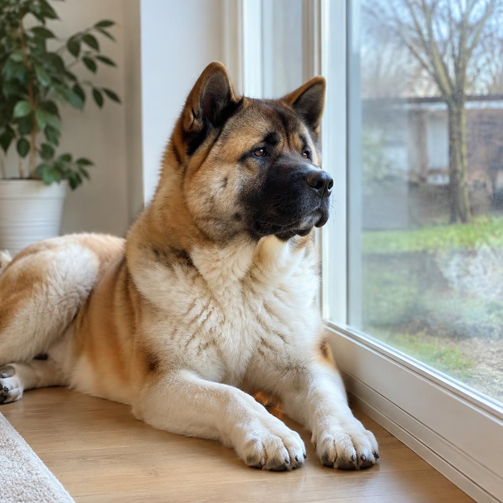 An Akita lying calmly at home with its family