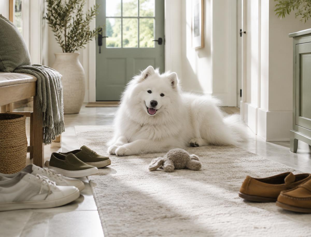 A Samoyed smiling and relaxing beside its owner at home