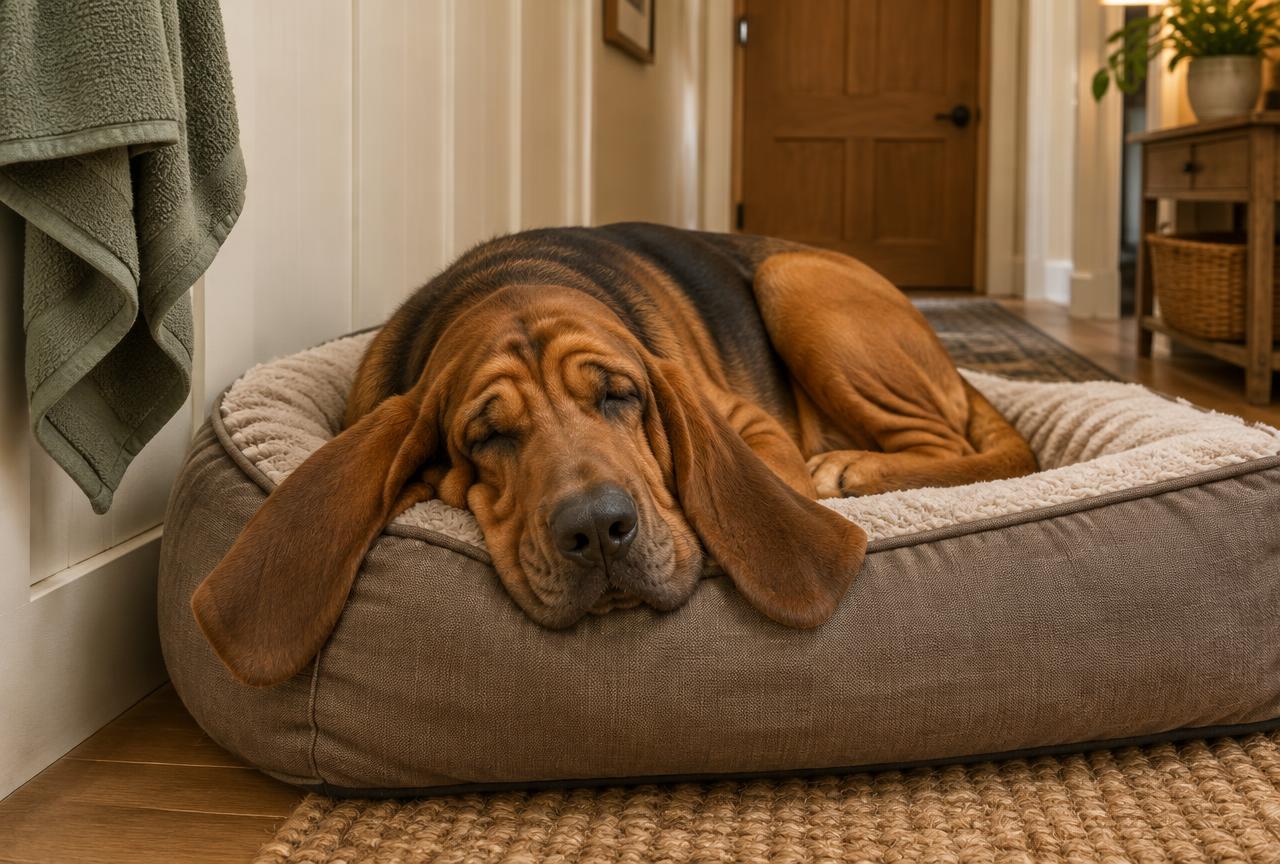 A Bloodhound lying contentedly across a living room floor at home.