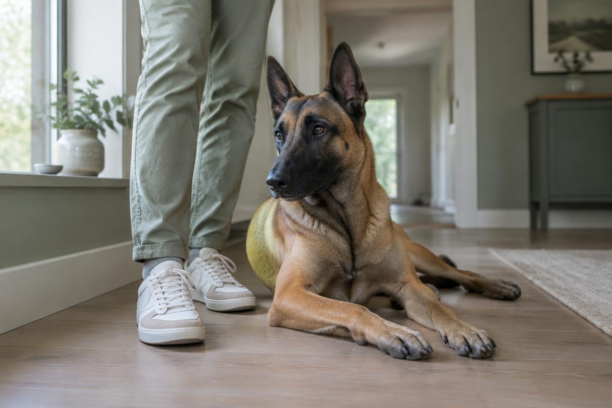A Belgian Malinois alert and focused in a home setting
