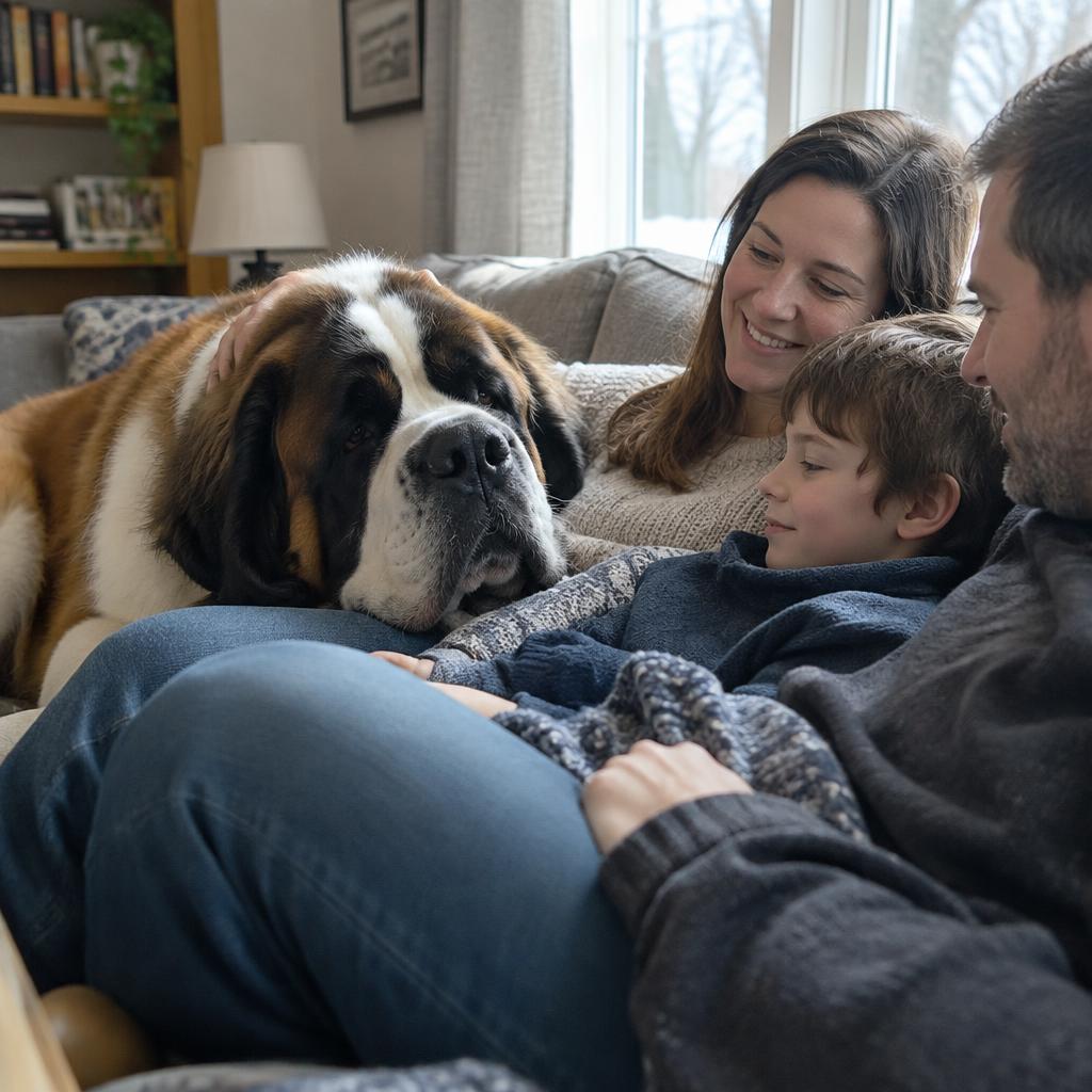 A Saint Bernard resting calmly indoors with its family