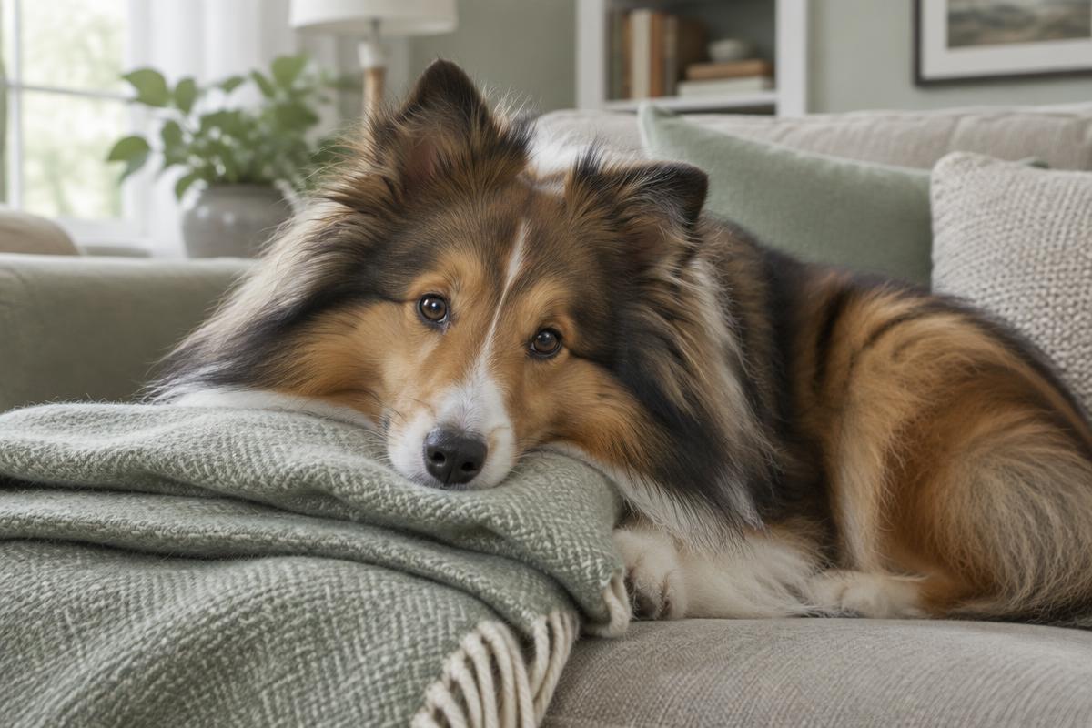 A Shetland Sheepdog lying attentively near its owner indoors