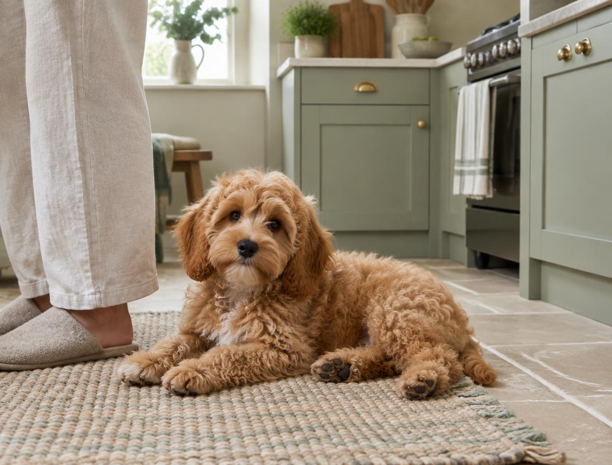 A Cockapoo curled up beside its owner at home