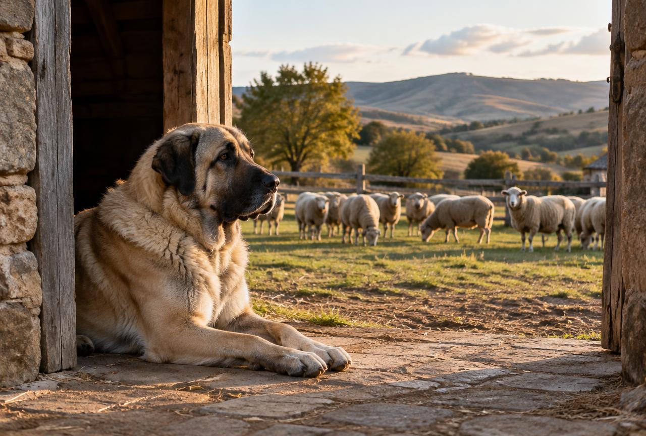 A large Anatolian Shepherd lying watchfully at the edge of a garden.