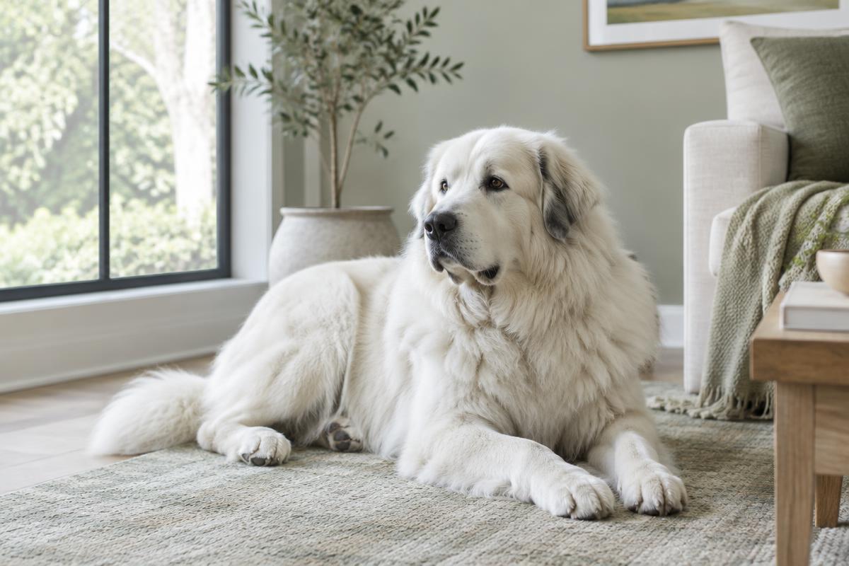 A calm Great Pyrenees lying watchfully in a living room