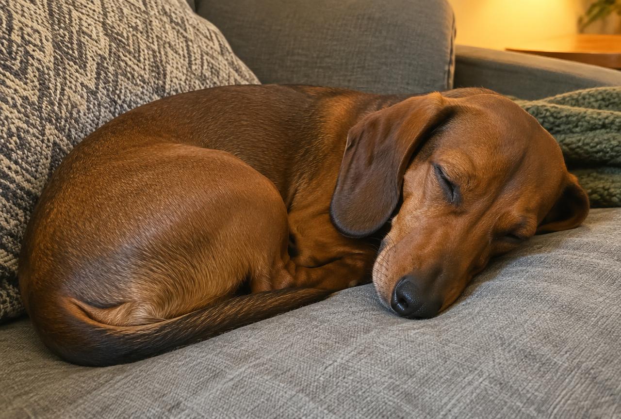 A Dachshund curled up on a sofa cushion