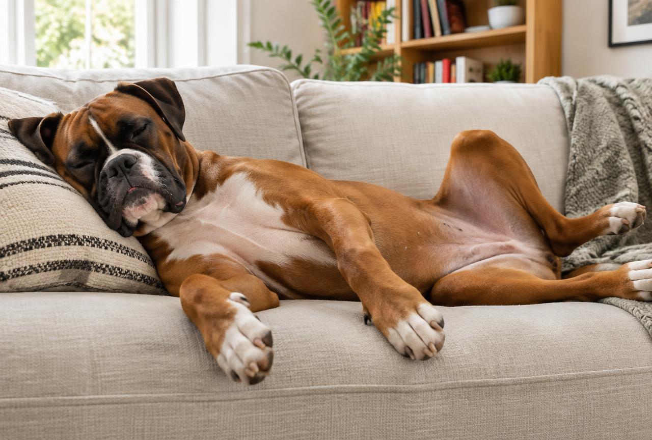 A Boxer resting its head on a sofa