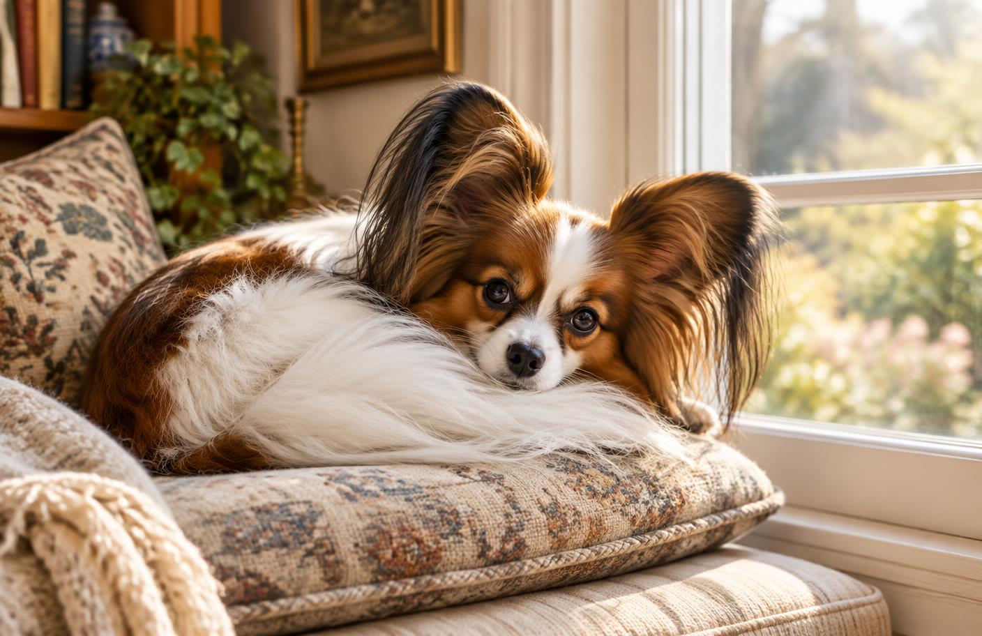 A Papillon curled up on a window seat cushion