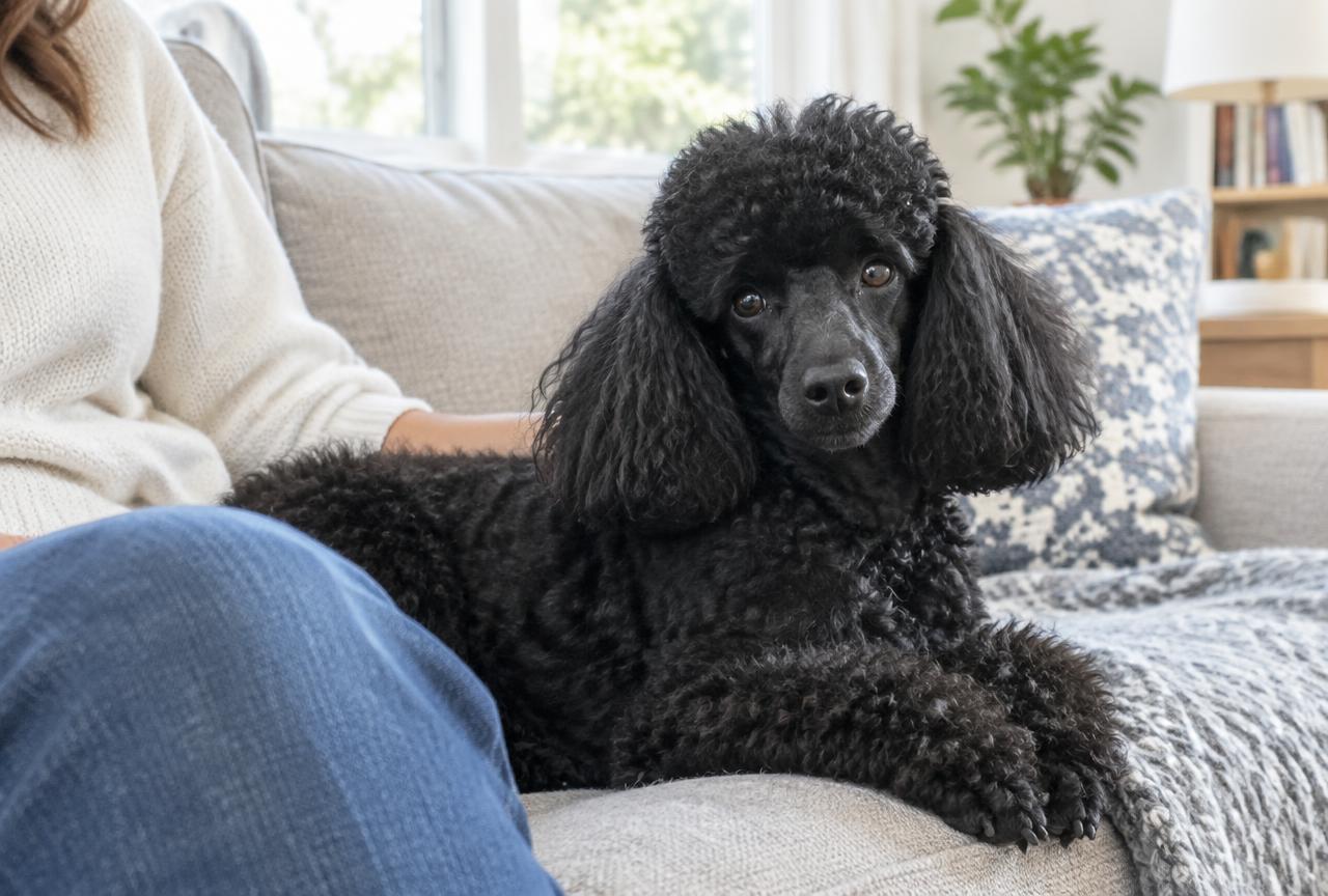 A Poodle resting attentively beside its owner indoors