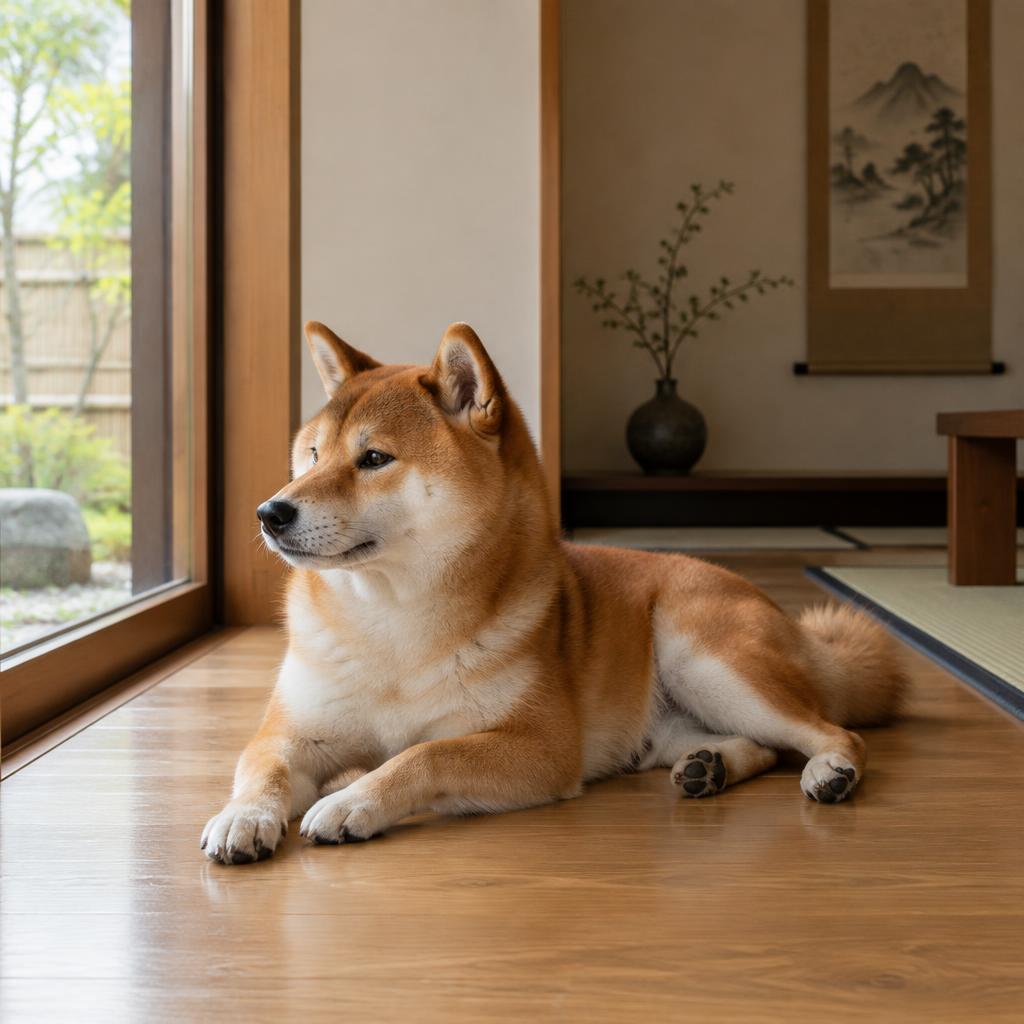 A Shiba Inu lying apart from its owner on its own bed