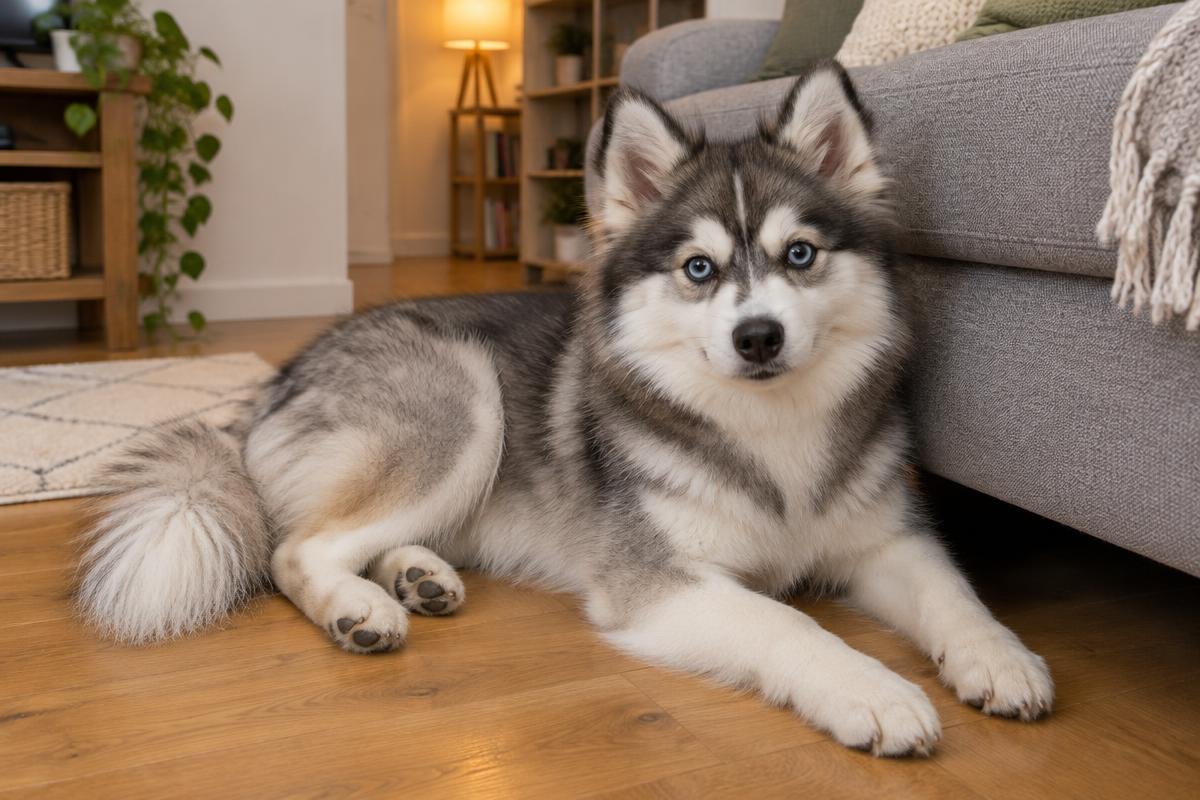 A grey and white Pomsky lying beside a sofa in a cosy flat