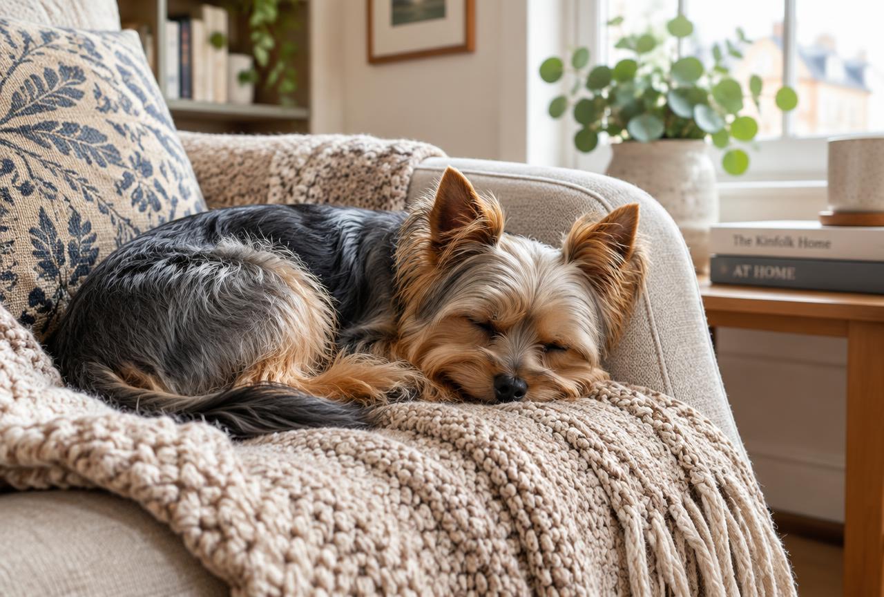 A Yorkshire Terrier sitting on a sofa in a living room