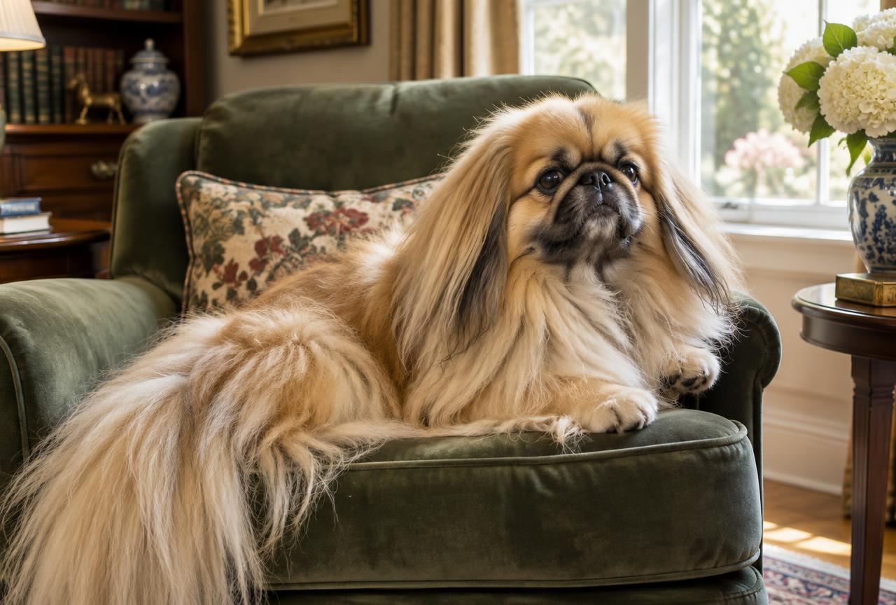 A Pekingese resting on a soft cushion in a cosy living room.
