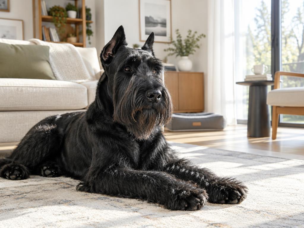 A Giant Schnauzer lying relaxed on a rug in a bright living room.