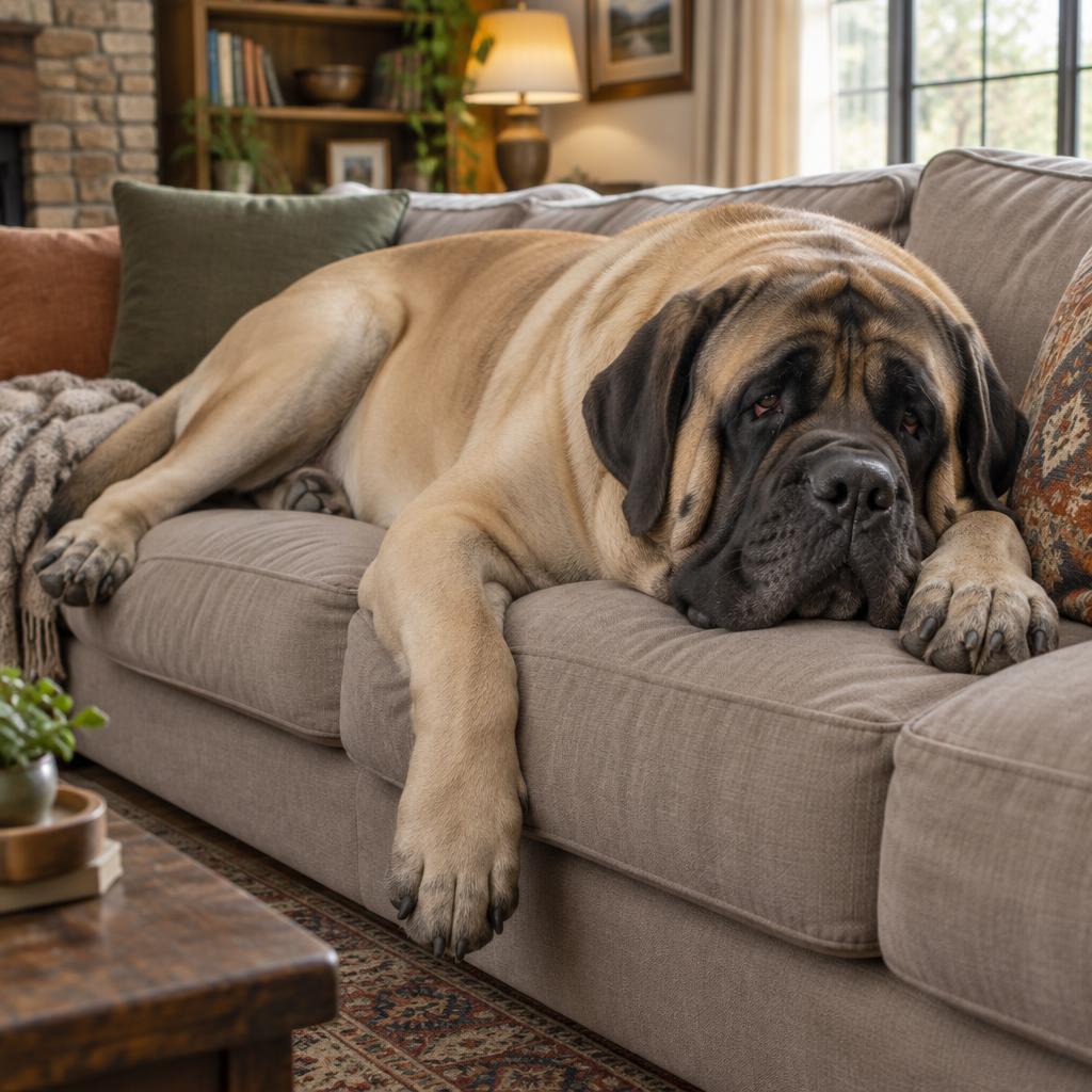 An English Mastiff stretched out on a large dog bed in a living room
