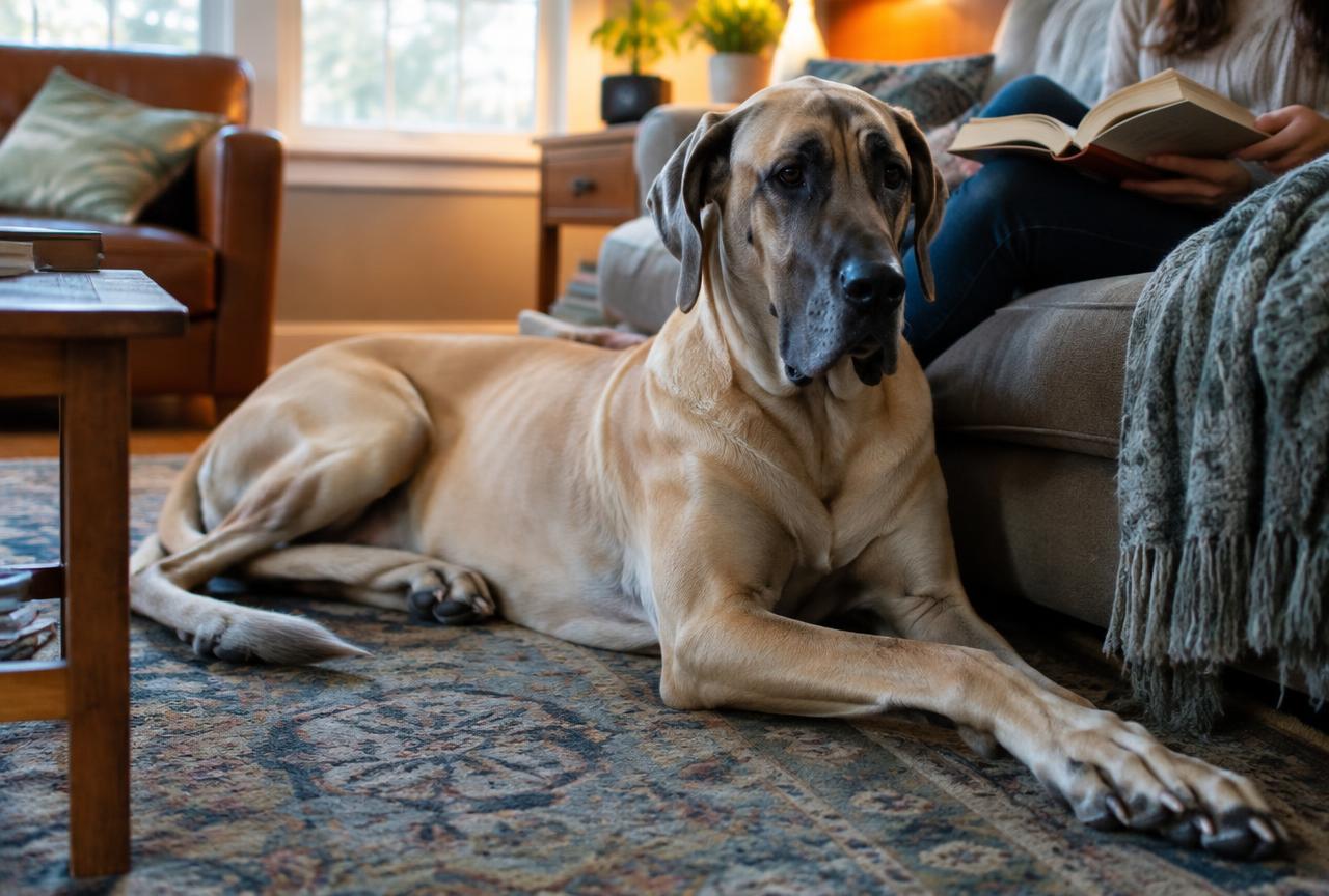 A Great Dane lying across a living room floor beside its owner