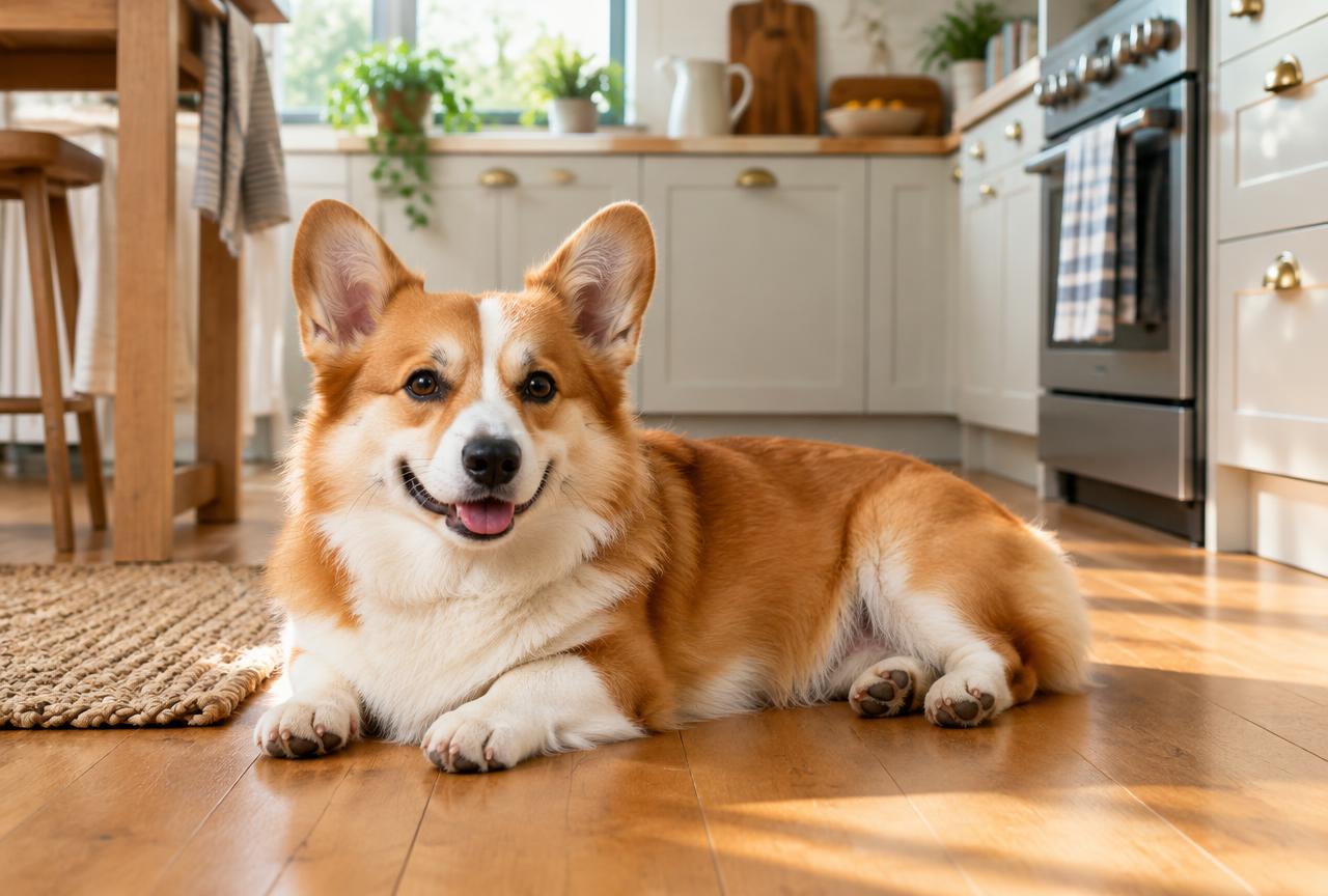 A Corgi resting on its bed in a living room