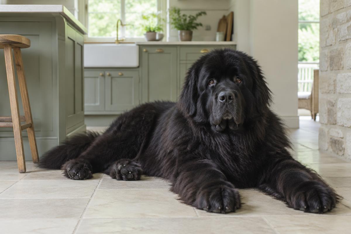 A Newfoundland lying calmly on a rug beside its owner's feet