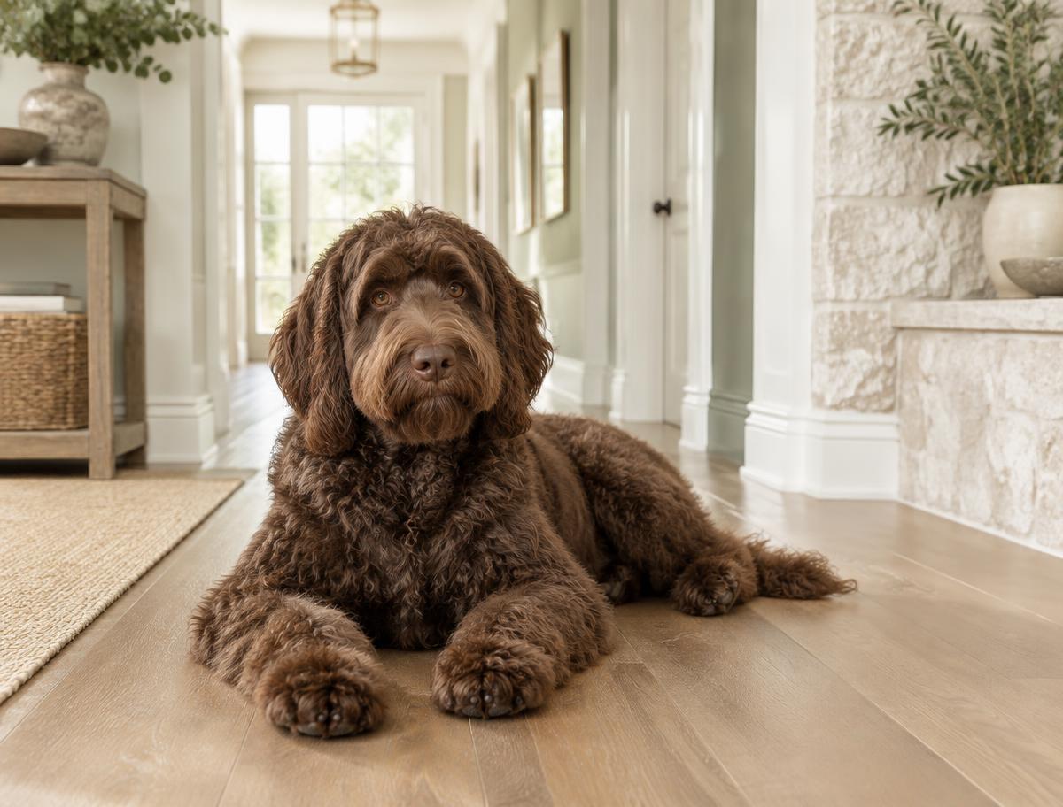 A Labradoodle relaxing at home with its owner
