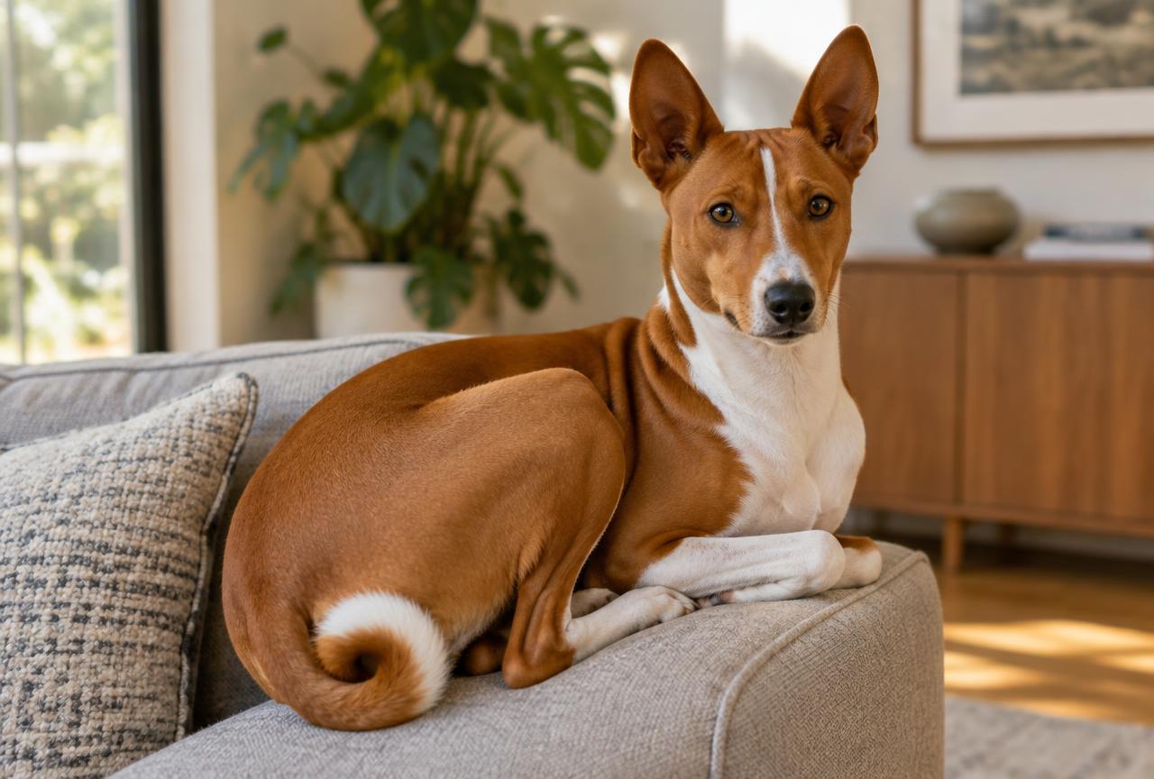 A Basenji curled up on a soft bed in a tidy living room.