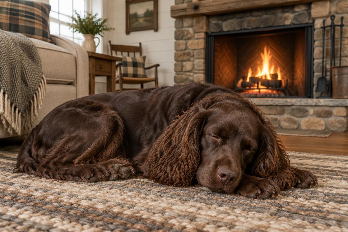 A Boykin Spaniel asleep on a rug by a fireplace